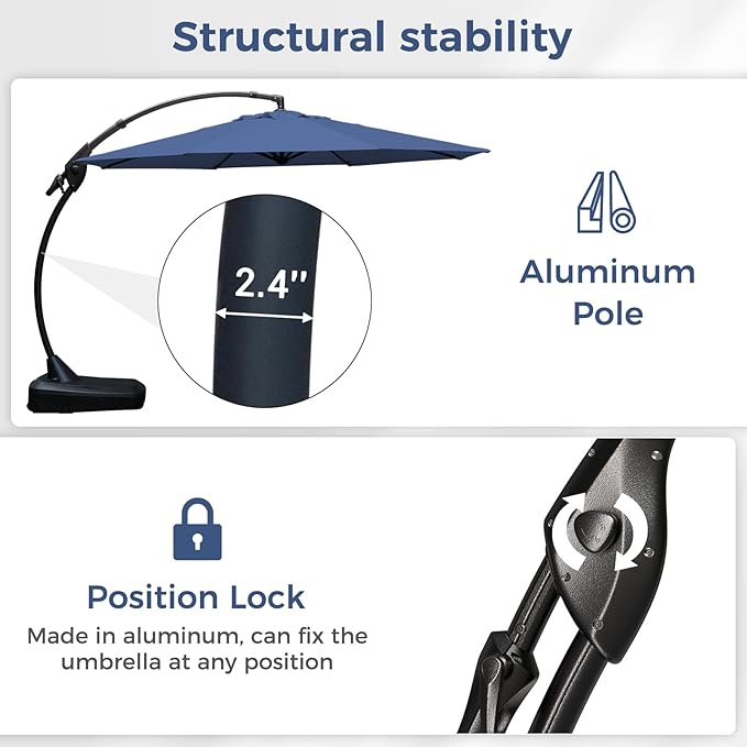Grand patio 12 FT Patio Cantilever Umbrella Outdoor Large Round Aluminum Offset Umbrella Base Included for Deck Yard (Navy Blue, 12 FT)