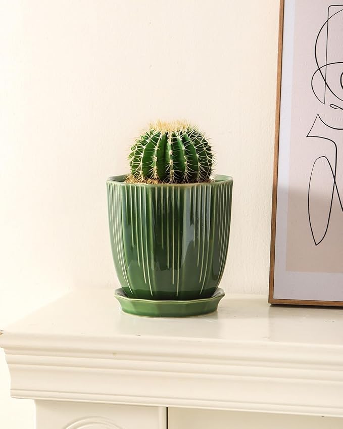 ADN Ceramic Planter - Large Plant Pot Geometric Design Flower Pot with Drainage Hole and Saucer for Outdoor Indoor Plants (Green, 6 in)