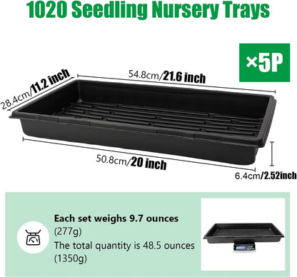 Plant Growing Nursery, Standard 1020 Trays Plastic Sturdy Farmer Self Seedling Tray for Microgreens Indoor Nursery Pots Transplantation (5-Pack, 21.6"×11.2", 2.52" Deep, no Holes)