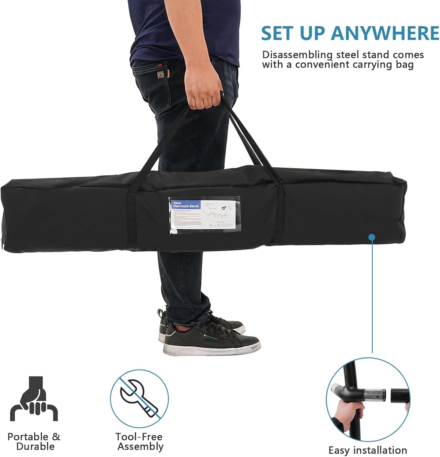 Double Hammock with Stand Included 450lb Capacity Space Saving Steel Stand,Premium Carry Bag Included,Suit for Outside,Indoor,Yard,Camping(Ocean).