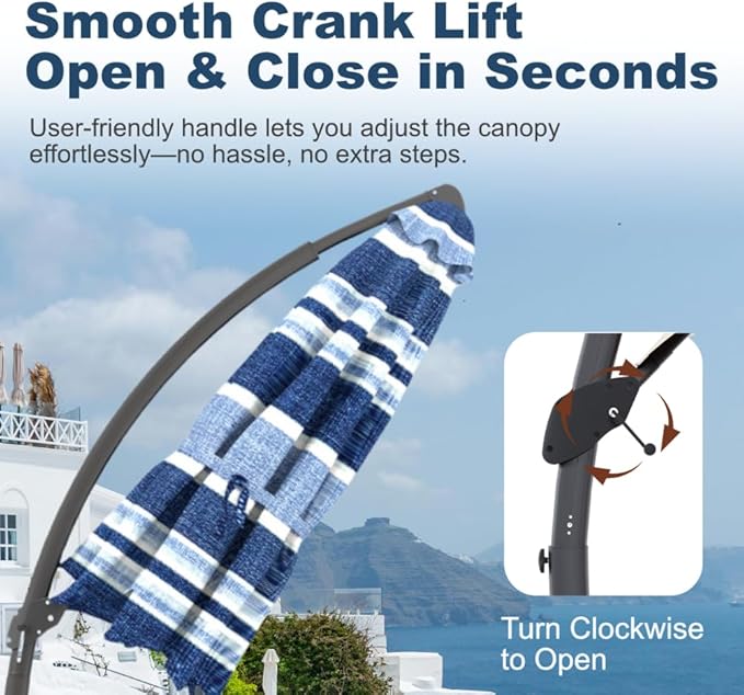 Acrylic Fabric 11FT Cantilever Umbrella with Base Large Curvy Outdoor Aluminum Offset Umbrella w/ 360° Rotation, UV Resistant Canopy for Patio, Garden, Backyard, Blue Stripes