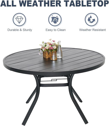 Round Outdoor Dining Table, 48-inch All-Weather Patio Table with Adjustable Umbrella Hole for Deck Lawn Garden Backyard Balcony Deck, Black Metal Frame Slatted Tabletop