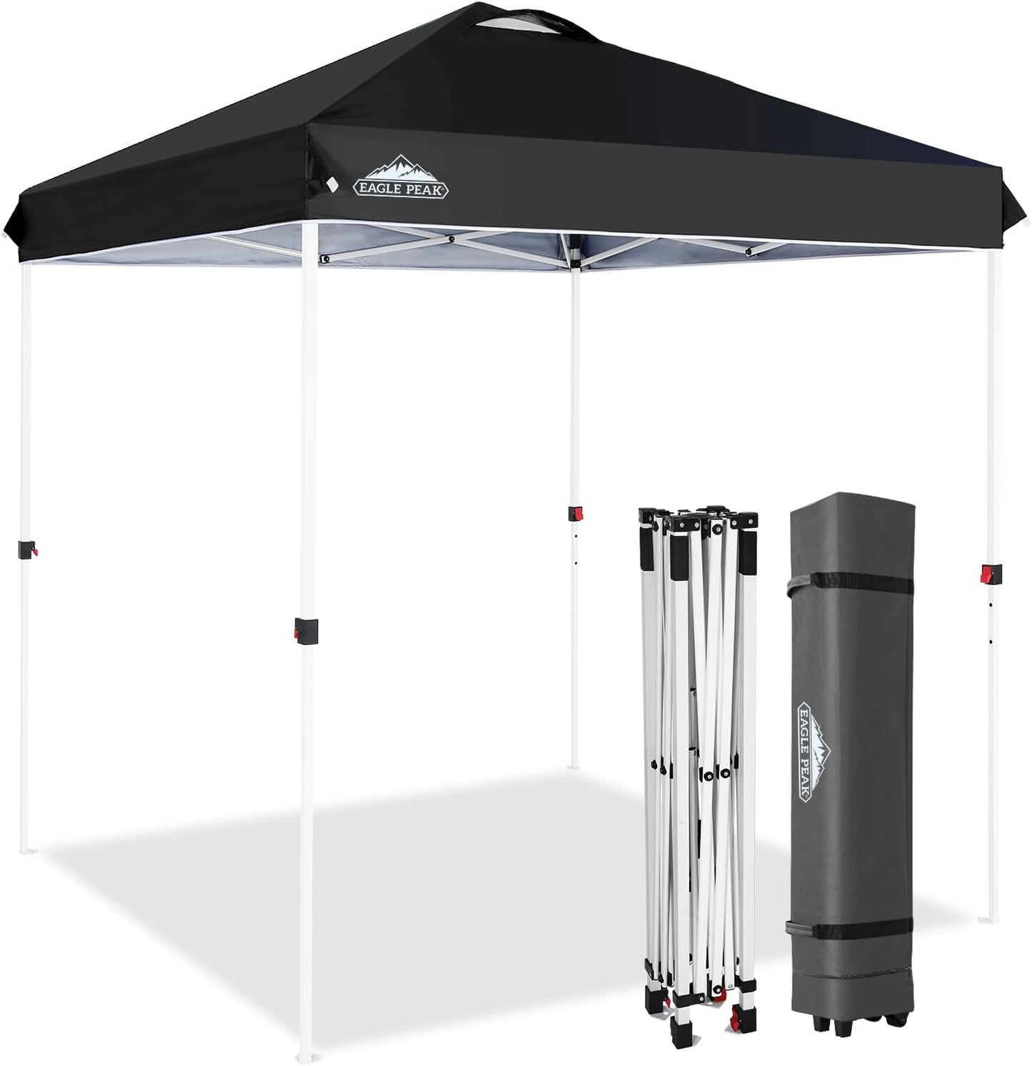 EAGLE PEAK Pop Up Canopy Tent with Wheeled Carry Bag, 8 Stakes, 4 Ropes, Easy Set Up Tent Canopy, 6.6x6.6 ft, Black