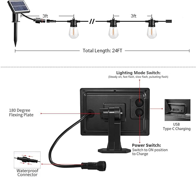 SUNTHIN 24ft Solar String Lights, USB Rechargeable Solar Outdoor Lights with Waterproof & Shatterproof LED Bulbs for Patio, Porch, Garden, Deck, Bistro, Cafe, Camping