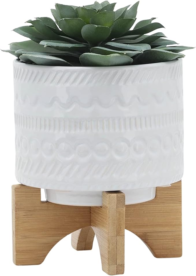Sagebrook Home Modern Ceramic Planter with Stand - White Stoneware Pot with Bamboo Base - Indoor & Outdoor Decorative Plant Holder - 8" White