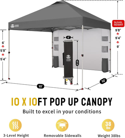 CROWN SHADES Canopy Tent 10x10 Pop Up Canopy Outdoor Shade with Pockets Sidewall, Easy Up Sun Shelter with One Person Set Up Center Lock, Portable Instant Camping Beach Canopy Tents, Grey