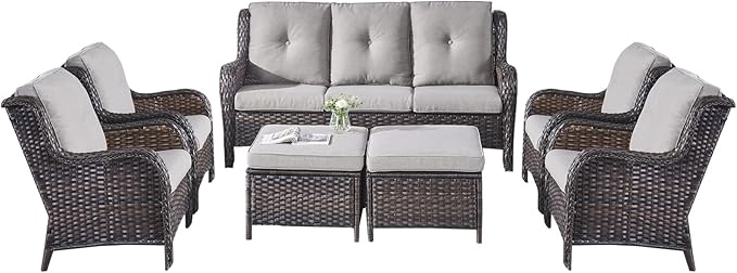 Rilyson Wicker Patio Furniture Set - 7 Piece Rattan Outdoor Sectional Conversation Sets with 1 Sofa,4 Armrest Chairs and 2 Ottomans for Porch Deck Garden(Brown/Grey)