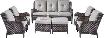 Rilyson Wicker Patio Furniture Set - 7 Piece Rattan Outdoor Sectional Conversation Sets with 1 Sofa,4 Armrest Chairs and 2 Ottomans for Porch Deck Garden(Brown/Grey)