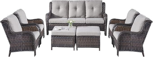 Rilyson Wicker Patio Furniture Set - 7 Piece Rattan Outdoor Sectional Conversation Sets with 1 Sofa,4 Armrest Chairs and 2 Ottomans for Porch Deck Garden(Brown/Grey)