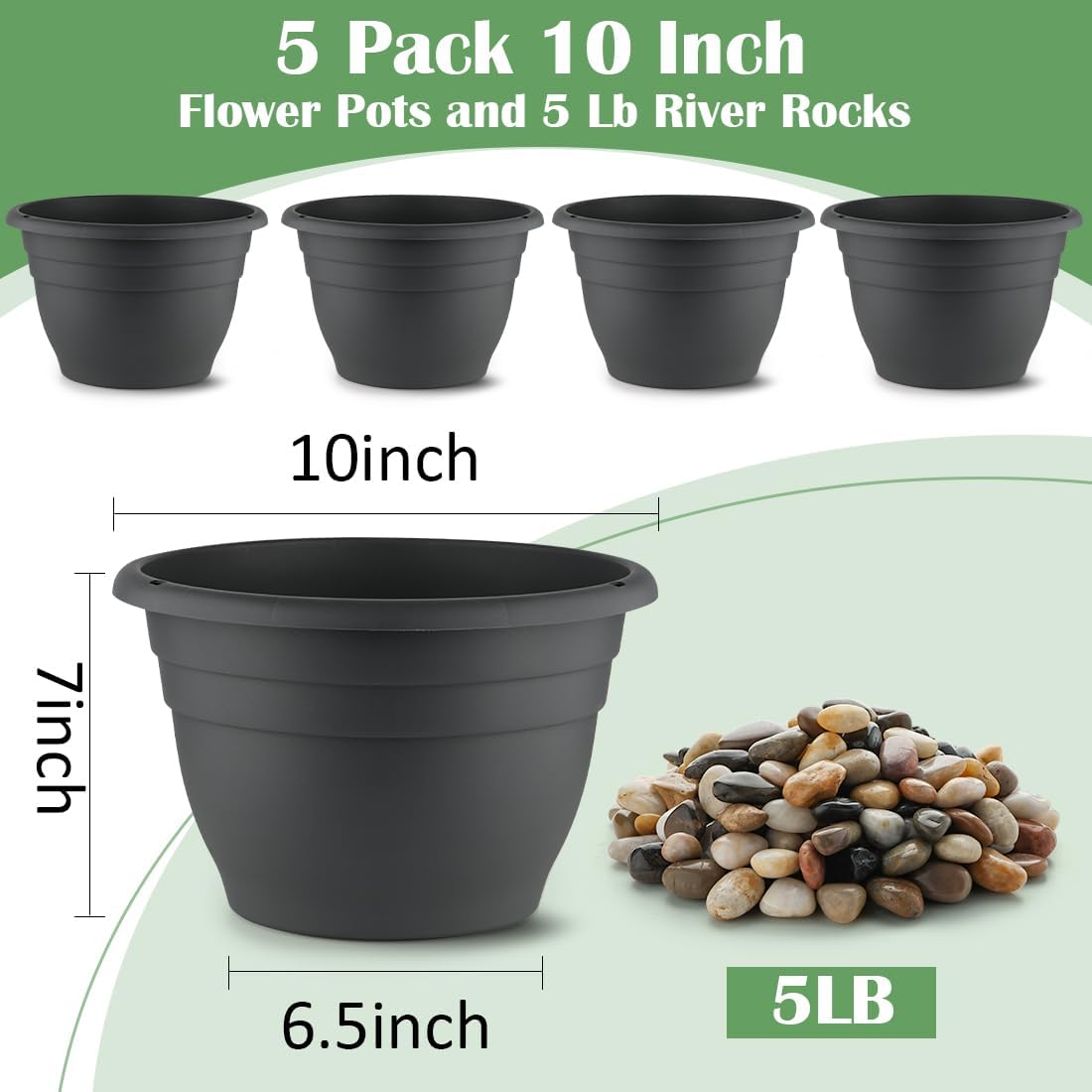 5 Lbs Rocks for Plants,5-Pack 10 Inch Plastic Plant Pots - Plant Planters with Drainage, Decorative River Rocks for Garden Landscaping, Flower Pots for Indoor Outdoor Plants, Succulents, and Herbs