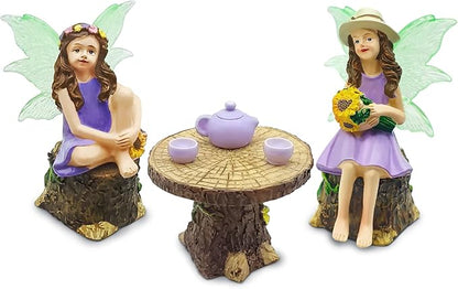 DONABELA Fairy Garden Kit Figurine Set Supplies 2 Fairies Table 2 Chairs Teapot Teacups Miniature Decor Accessories Tiny Furniture Outdoor Indoor Ornament Gift for Kids