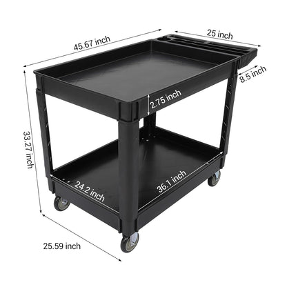Utility Service Cart 2-Shelf 500 Lbs Capacity, Heavy Duty Rolling Cart with Two Trays and Brake Wheel for Warehouse, Garage, Cleaning, Manufacturing, Storage Handle, 45"X25" Black