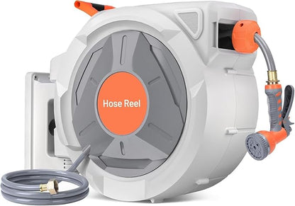 Retractable Garden Hose Reel 5/8 in x 100 Ft, EliteEdge Wall Mounted Garden Hose Reel, with 9 Function Sprayer Nozzle, Any Length Lock, Lock/Automatic Slow Return System, 180° Swivel Bracket