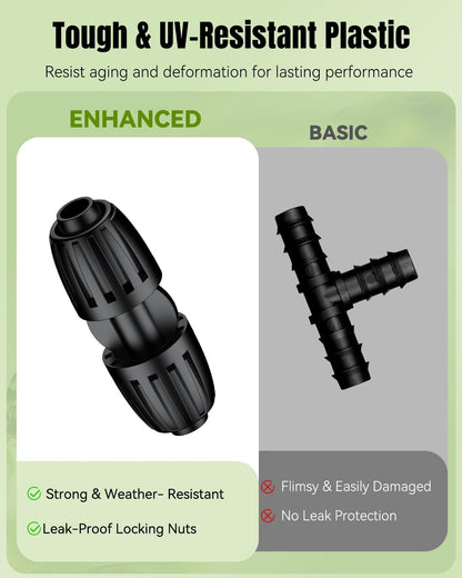 Pawfly 15 Pcs Drip Irrigation Fittings for 1/2 Inch Irrigation Tubing (1/2" ID x 0.64" OD), 1/2" Drip Line Connectors with Anti-Drop Lock Nuts, Barbed Coupling Parts for Garden Irrigation System