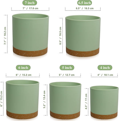 5 Pack Cylindrical Flower Pots with 7/6.5/6/5/4 inch, Modern Small Plastic Plant Pots with Drainage Holes & Saucers, Round Planter Pots for Outdoor, Indoor & Office Decor (Green Brown)