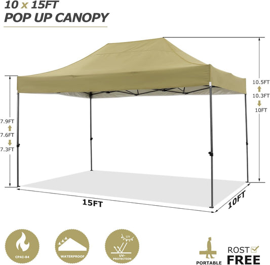 COBIZI 10x15 Pop up Canopy Heavy Duty Without Sidewalls, Easy Set-up Commercial Outdoor Party Canopy, 100% Waterproof Wedding Gazebo, 3 Height Adjustable with Handbag, Khaki
