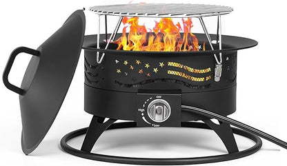 Portable Propane Fire Pit, 24 Inch Smokeless Gas Fire Pit Bowl for Outside, 60,000 BTU Outdoor Firepit with Grill Grate & Lid for Camping, Patio, Yard, Garden