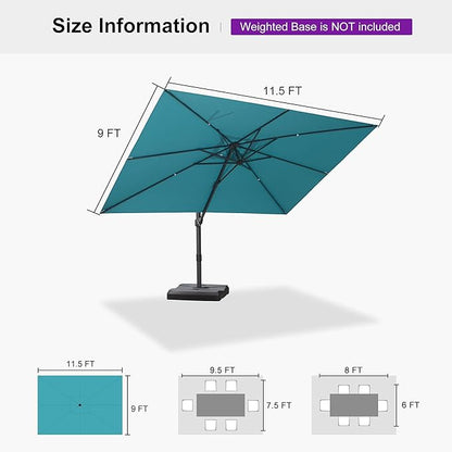 PURPLE LEAF 9' X 11.5' Patio Cantilever Umbrella Outdoor Rectangle Adjustable Offset Umbrellas with 360-degree Rotation and 8 Heavy Duty Metal Ribs for Garden Deck Pool Turquoise Blue