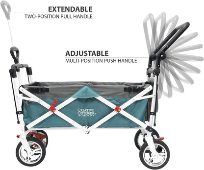 Creative Outdoor Wagon, Push and Pull Double Stroller for Toddlers & Kids with Removable Canopy and Seat Belt Harnesses, Collapsible Folding Garden Cart, Adjustable Handle, Beach Wagon (Teal)