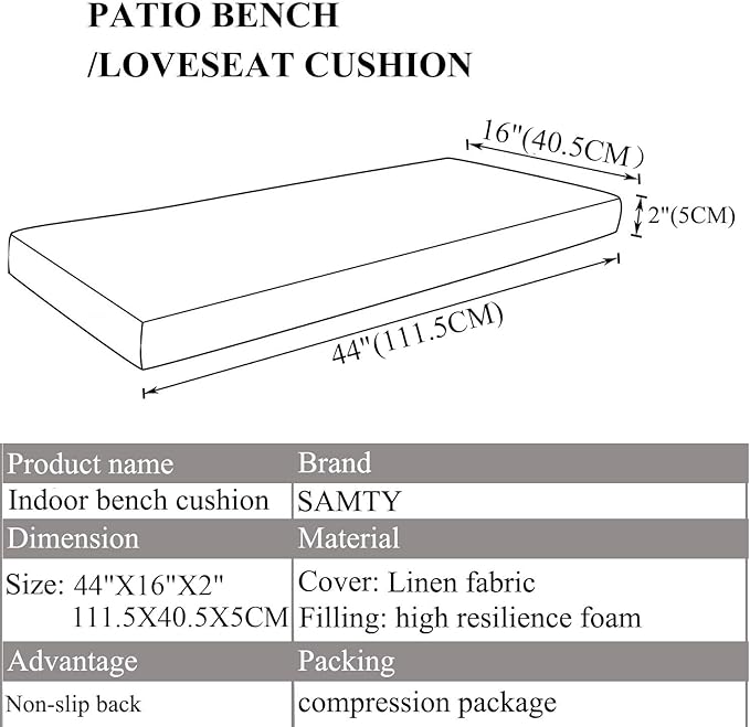 Bench Seat Cushions Memory Foam Chair Pads Non-Slip Rubber Back Indoor Swing/Settee Cushion 44 x16 Inch, Brown