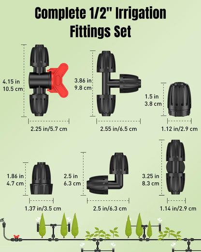 Pawfly 17 Pcs Drip Irrigation Fittings Kit for 1/2" Tubing, Barbed Drip Line Connectors with 4 Tees, 2 Standard Couplings, 3 Flow-Control Couplings, 4 Elbows, 2 Faucet Adapters & 2 End Caps