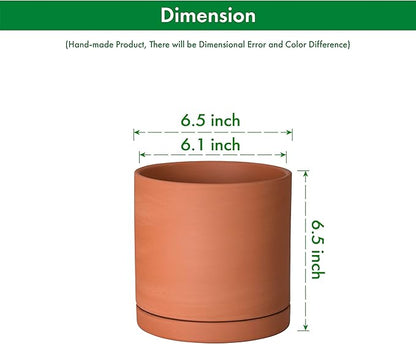 D'vine Dev Small 6 Inch Terracotta Plant Pot with Drainage Hole and Saucer, Round Cylinder Planter Pot for Indoor Plants, Set of 2, 40-X-B-3