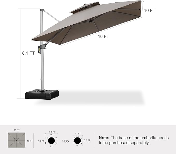 PURPLE LEAF 10ft Cantilever Outdoor Patio Umbrella Large Heavy Duty 360° Rotation Double Top Offset Rectangular Umbrellas for Backyard Deck Pool, Cast Ash