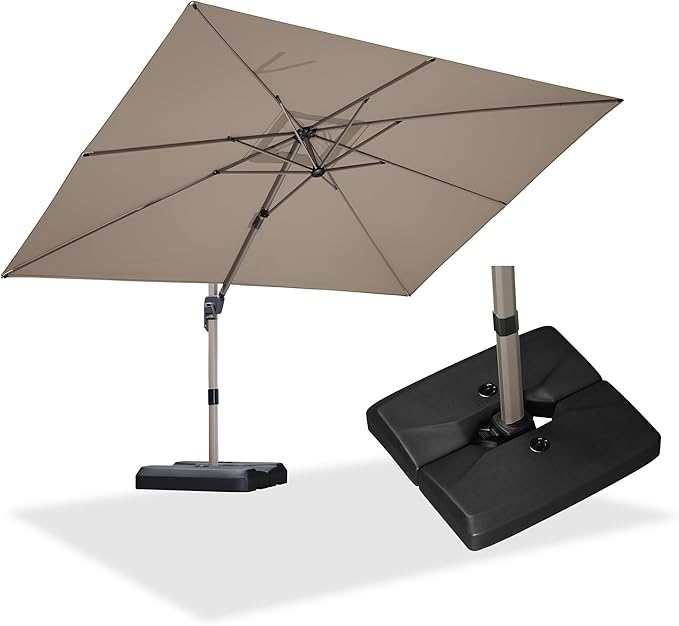 PURPLE LEAF 9' x 11' Patio Umbrella with Base Cantilever Umbrella Rectangular Outdoor Offset Umbrella with Champagne Frame and 360° Rotation for Garden Deck Pool, Taupe