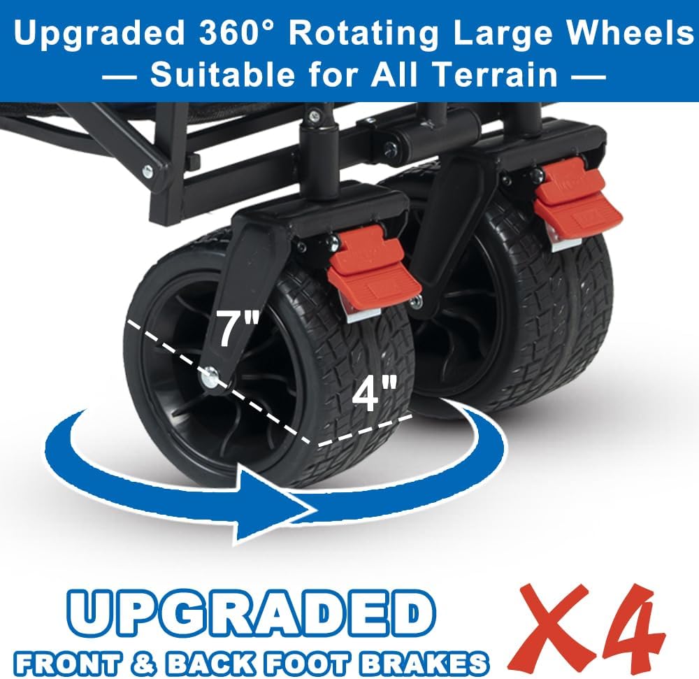 SKYMANOR Collapsible Wagon with Removable Canopy, 3-in-1 Heavy Duty Garden Cart with Big All-Terrain Wheels, Brakes, Adjustable Push Pull Handle, Cooler Bag, 300LBS Wagon Cart for Camping (Blue)