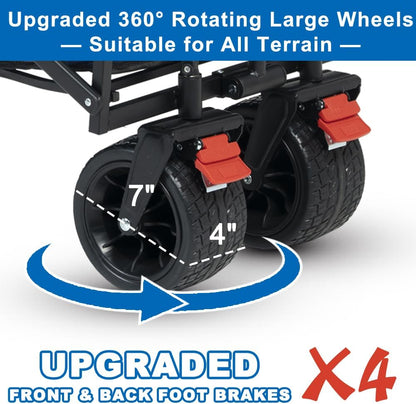 SKYMANOR Collapsible Wagon with Removable Canopy, 3-in-1 Heavy Duty Garden Cart with Big All-Terrain Wheels, Brakes, Adjustable Push Pull Handle, Cooler Bag, 300LBS Wagon Cart for Camping (Blue)