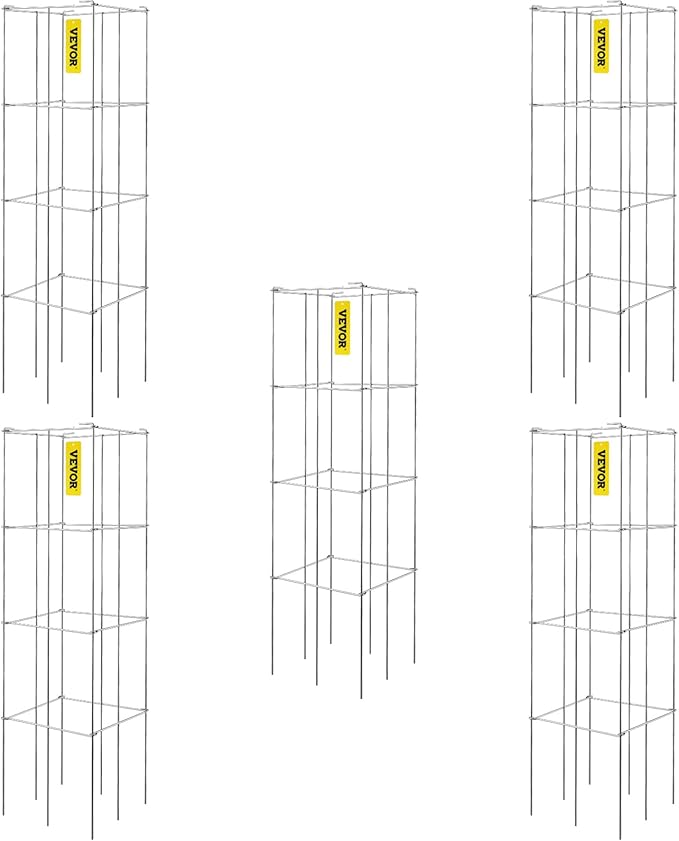 VEVOR Tomato Cages, 11.8" x 11.8" x 46.1", 5 Packs Square Plant Support Cages, Silver PVC-Coated Steel Tomato Towers for Climbing Vegetables, Plants, Flowers, Fruits