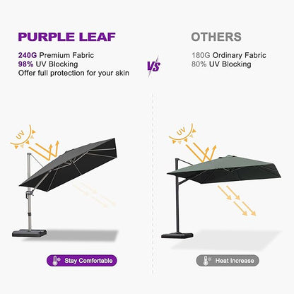 PURPLE LEAF 9' X 11.5' Patio Umbrella, Rectangle Outdoor Cantilever Umbrella, Aluminum Offset Umbrella with Champagne Frame and 360° Rotation for Pool Deck Garden, Black