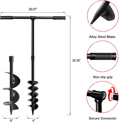 LONGRUN T-Shaped Garden Auger Drill Bit for Planting, Hand Operated Spiral Post Hole Digger, Easy Rapid Planter for Bulbs Flowers, Trees, Seedlings Planting, Bedding, Umbrella Holes-4 & 6x38 Inch Set