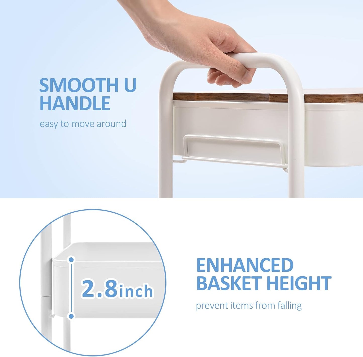 TOOLF 3-Tier Rolling Cart with Table Top, Metal Storage Cart on Wheels, Utility Organizer with Wooden Tray, Lockable Casters, Easy Assembly for Bathroom, Living Room, Office, Kitchen, White