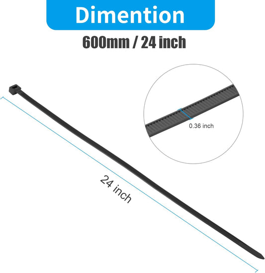 XINGO 24 inch Black Long Zip Ties Heavy Duty 100 PCS, 200LBS Ultra Strong Plastic Wire Ties, Large Cable Ties Extra Long Tie Wraps, Indoor and Outdoor UV Resistant
