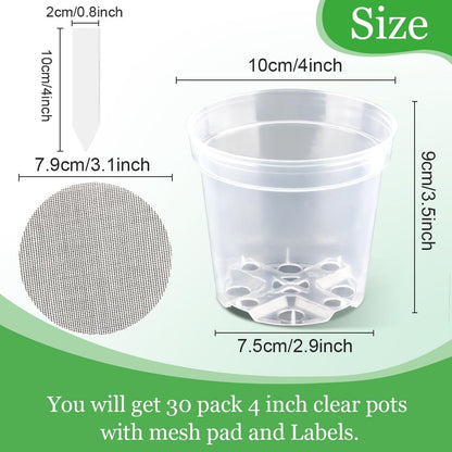 4 Inch Clear Nursery Pots for Plants, Plastic Plant Pot with Drainage Holes, Sturdy Seed Starter Pots, Small Transparent Seedling Pots with Plant Labels and Soil Screens, Gardening Gifts(30 Pack)