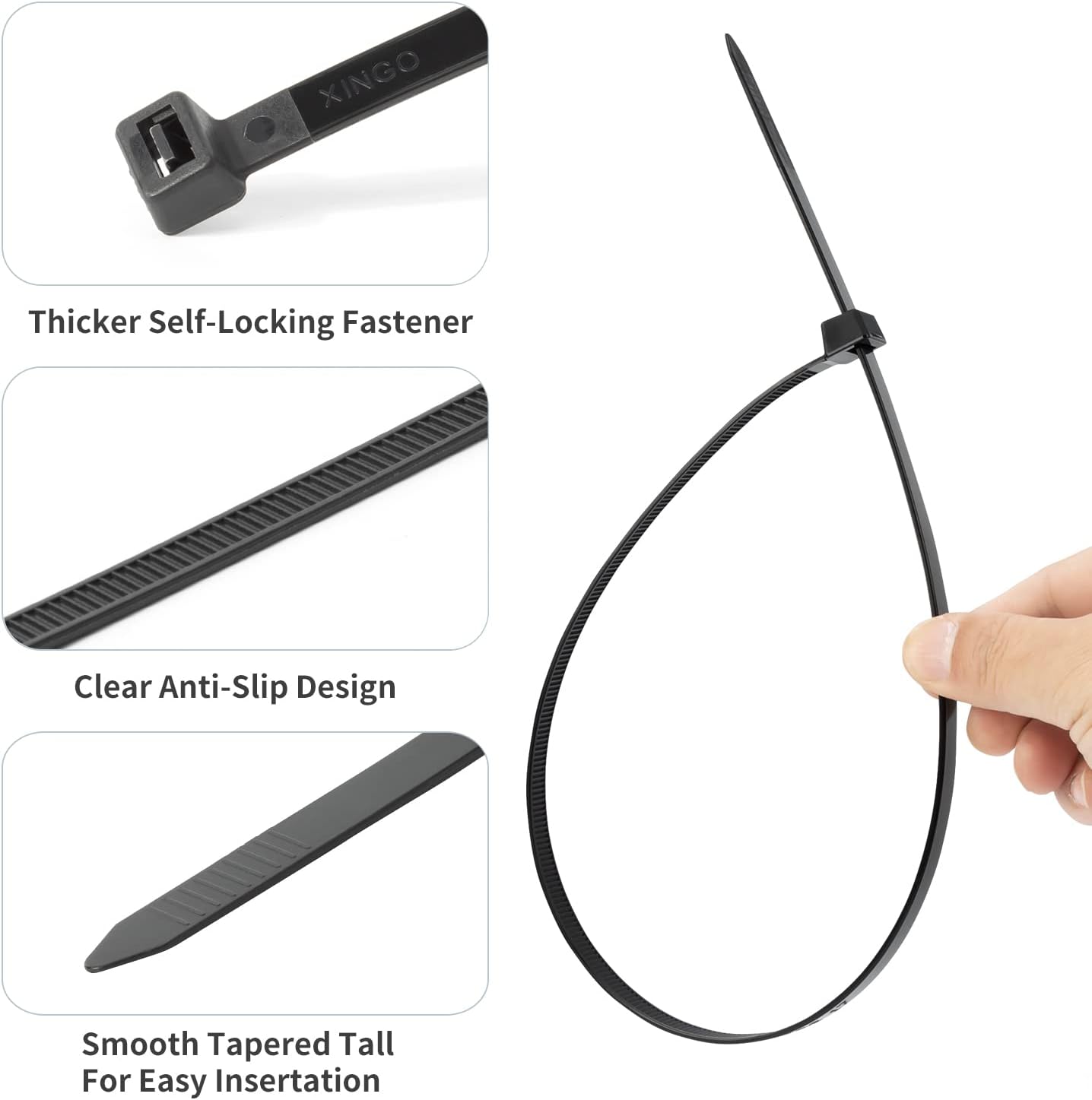 XINGO 12 inch Black Zip Ties Heavy Duty 100 PCS, 200 LBS Ultra Strong Plastic Wire Ties, Large Cable Ties Extra Long Tie Wraps, Indoor and Outdoor UV Resistant