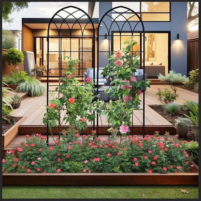LZRS 4 Pack 71x20in Rustic Iron Arch Decoration Garden Trellis with Black Metal Coating – Perfect for Supporting Climbing Plants Outdoor, Roses, Vines, Flowers, and Vegetables.