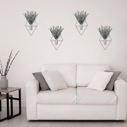 Jexine Hanging Planters with Artificial Eucalyptus Metal Hanging Vase Indoor Plants Holder Modern Geometric Boho Bathroom Wall Decor for Living Room Home Office(Chrome Sliver,8 Pcs)