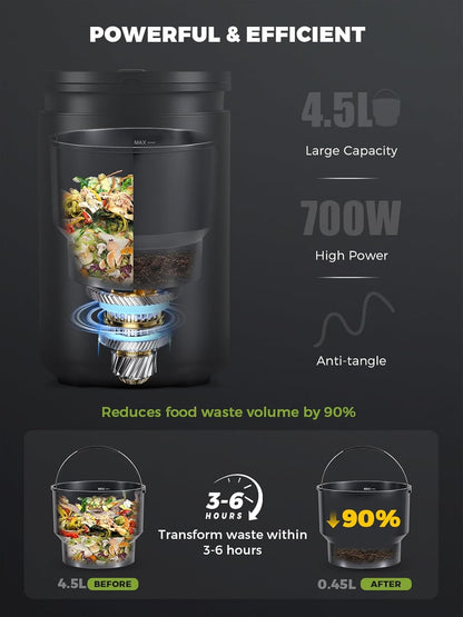 Electric Composter for Kitchen Smart Odorless Countertop Compost Bin Machine Quiet Larger 4.5L Indoor Food Cycler with Auto Cleaning, 3 Modes, 2 Carbon Packs, Turn Food Waste into Fertilizer