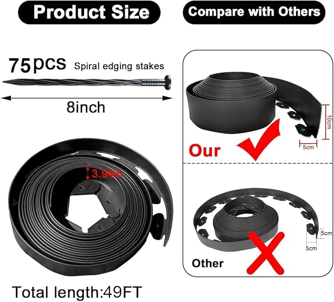 Landscape Edging 49FT,Garden Edging Borders Black [Extra Tall 4IN High] with 75pcs Plastic Stakes, Lawn Edging Flexible DIY Fence for Landscaping,Flower Bed,Grass,Gravel,Tree Surrounding