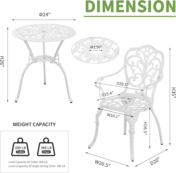 Patio Bistro Sets 3 Piece,Cast Aluminum Bistro Table and Chairs Set of 2 with 1.97" Umbrella Hole,All Weather Bistro Table Set Outdoor Patio Furniture for Garden,Yard(Butterfly White)