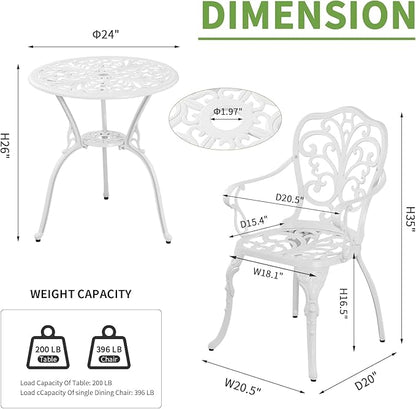 Patio Bistro Sets 3 Piece,Cast Aluminum Bistro Table and Chairs Set of 2 with 1.97" Umbrella Hole,All Weather Bistro Table Set Outdoor Patio Furniture for Garden,Yard(Butterfly White)