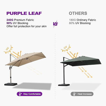 PURPLE LEAF 9' X 11.5' Patio Umbrella, Rectangle Outdoor Cantilever Umbrella, Aluminum Offset Umbrella with Champagne Frame and 360° Rotation for Pool Deck Garden, Beige