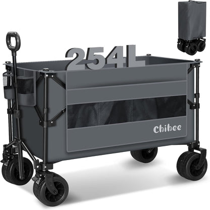 Chihee Garden Cart Collapsible Outdoor Utility Wagon Cart,Folding Beach Cart Oversized Capacity 254L,Heavy Duty Portable Wagon All Terrain Wheels Oversized Side Pocket 2 Drink Holders for Camping