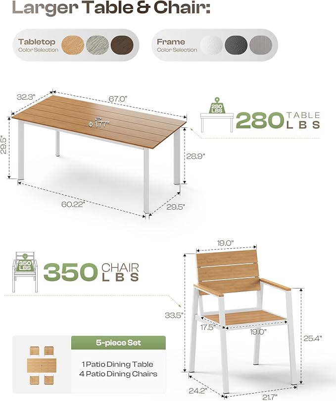 67" Rectangle HDPS Patio Dining Table, Aluminum Outdoor Patio Dining Table with Umbrella Hole, Weather-Resistant for Lawn, Garden, Yard, Poolside and Indoor Use, White & Teak