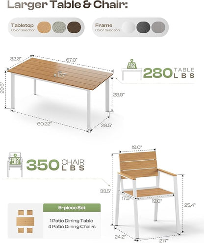 Outdoor Dining Set for 4, Patio Table and Chairs Set with Umbrella Hole, 5 Pieces HDPS Outdoor Furniture Sets for Patio, Garden, Backyard (White & Teak)