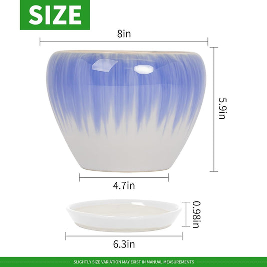 Deep Dream 8 Inch Plant Pots- Ceramic Pots for Plants with Drainage Hole and Saucer, Large Planter Pot for Indoor Plants Outdoor Decor, White&Blue