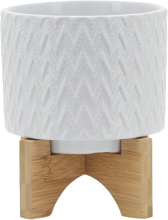 Sagebrook Home Modern Ceramic Planter with Stand - Textured Stoneware Pot with Bamboo Base for Indoor & Outdoor Plants - Decorative Flower Pot for Home & Garden - 8" White