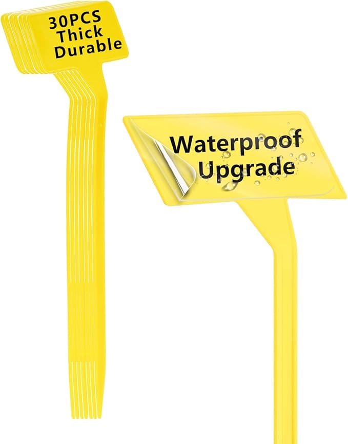 Yellow 30 Pack Outdoor Tall Plant Label, Large Waterproof Plastic Plant T-Type Tags, Durable Nursery Garden Markers, Perfect for Herbs, Flowers, Vegetable with Marking Pen (Height 11.8'')